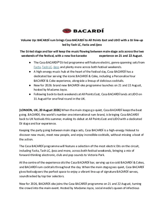 Volume Up_ BACARDÍ rum brings Casa BACARDÍ to All Points East and LIDO with a DJ line-up led by Tash LC, Facta and Jjess.pdf